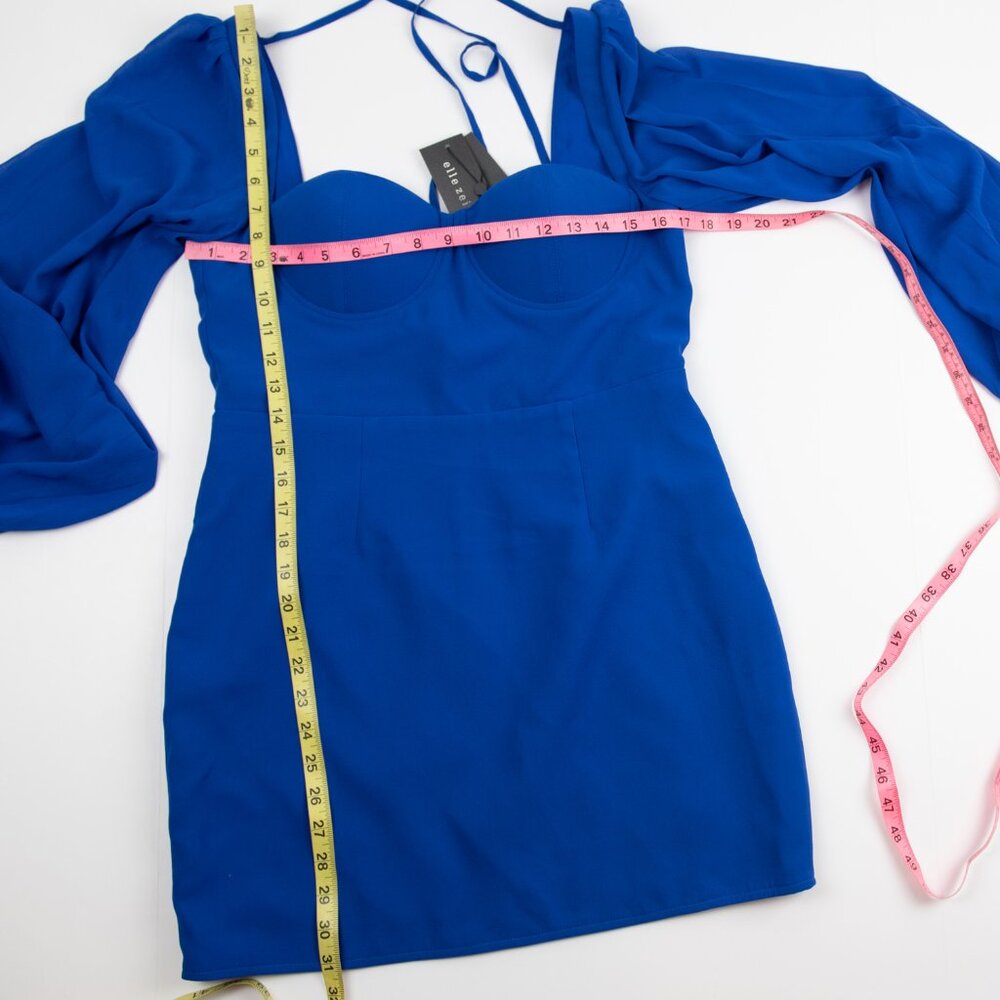 Elle Zeitoune Meagan Dress Evening Mini Cocktail Draped Sleeves Blue Size 12 New - Picture 9 of 9